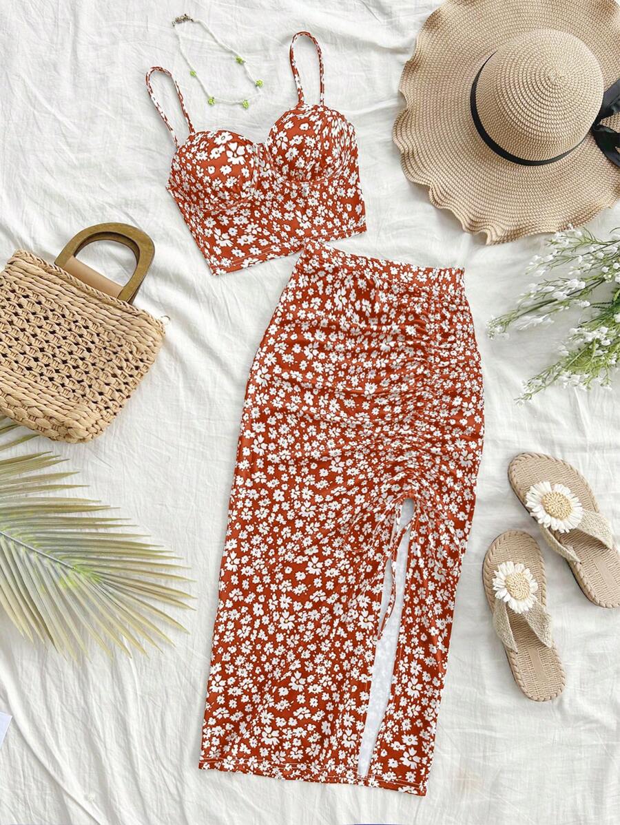 Soleia 2pcs/Set Women's Ditsy Floral Cami Top And Skirt Fall Two Pieces Set - Multicolor - View 1