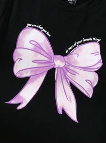 SHEIN 2pcs/Set Young Girl Cute Loose Fit Pink Bow Graphic T-Shirt & Magenta Bow Denim Skort Set, School, Campus, College Summer Holiday - Black - View 3