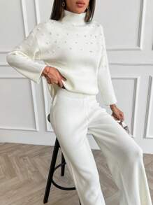 EURMUSE Women Pearl Detailed Sweater Two Piece Sets - White - View 6