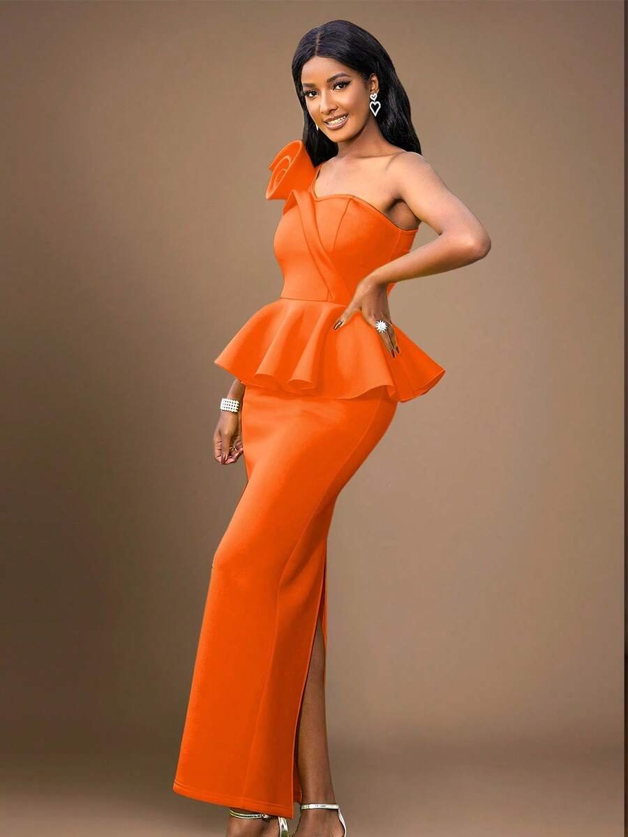 Asymmetrical Neck Floral Ruffled Bodycon Dress - Orange - View 1