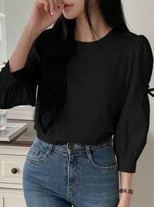 DAZY Women's Bow Decor Puff Sleeve Casual Business Shirt,Long Sleeve Tops - Black - View 3