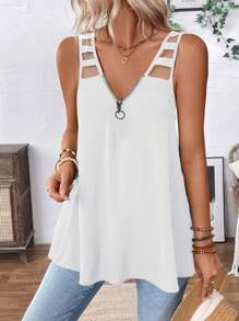 Chiquease Áo ba lỗ cổ chữ V màu trơn mùa hè cho nữ - trắng - Xem 3