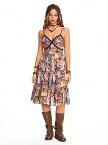 ROMWE Fairycore Summer Beach Butterfly Print Sleeveless Dress - Brown - View 3