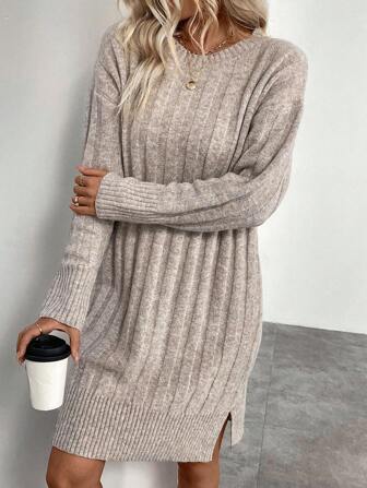 SHEIN LUNE Women's Solid Color Split Long Sleeve Sweater Dress