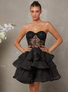 L'Amorae 亮片节日派对分层欧根纱迷你连衣裙，圣诞服装女士 - 黑色 - 查看 4