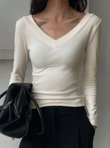 DAZY Camiseta de mujer de cuello en V de unicolor con forro térmico, casual y versátil para otoño e invierno