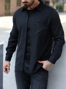 Manfinity Homme Men's Casual Solid Color Shacket, Spring & Autumn - Black - View 1