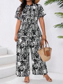 Breezaya Plus Size Women's Tropical Plant Print Short Sleeve Casual Loose Jumpsuit