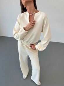 Aloruh Bộ 2 áo nỉ lót nhiệt ấm áp và quần ống đứng có dây rút, thu đông - trắng - Xem 6