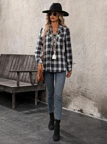 EMERY ROSE Camicia casual a quadri con scollo a V e maniche lunghe per donne, primavera estate - Bianco e nero - Visualizzare 5