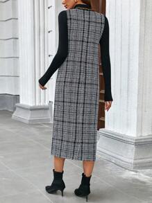 SHEIN LUNE 女式休闲 V 领宽松无袖连衣裙，适合秋冬季 - 黑與白 - 查看 2