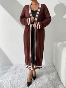 SHEIN Essnce كارديجان بياقة مستديرة نسائي منقوش مخطط طويل الأكمام كارديجان بتصميم واسع للموسم البارد - متعدد الألوان - مشاهدة 7