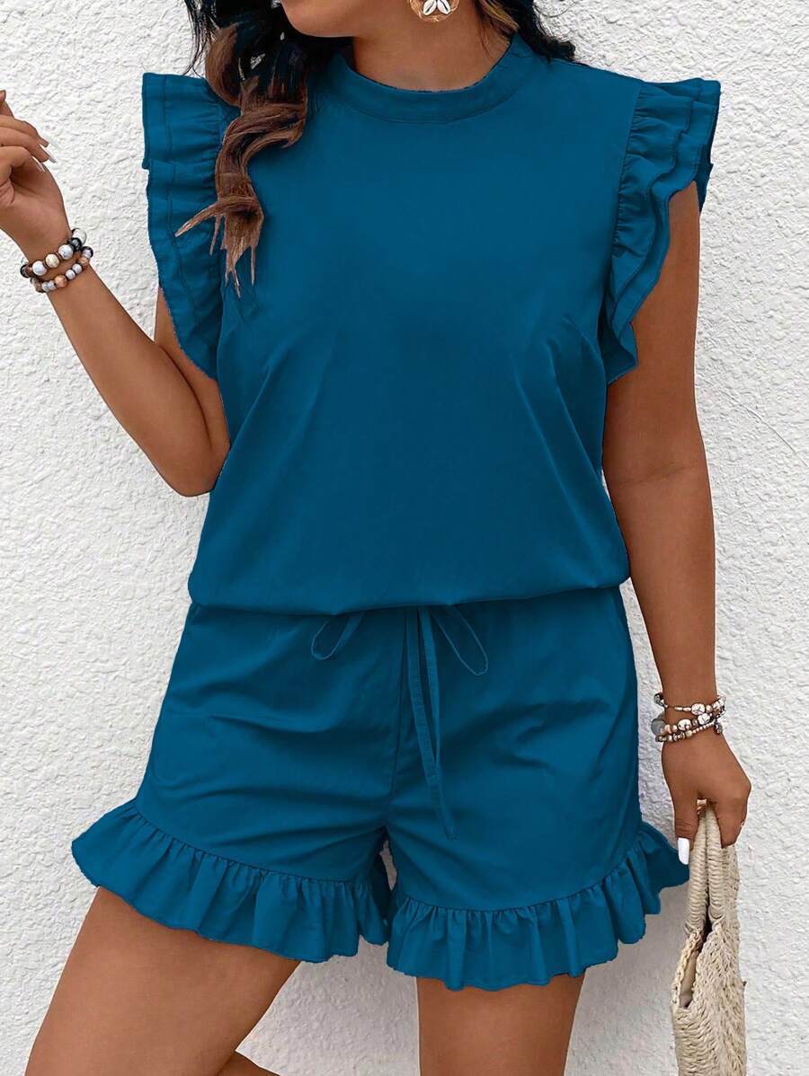 Calvaya 2 件大码女式纯色休闲插肩袖上衣和短裤套装 - 水鴨藍 - 查看 1