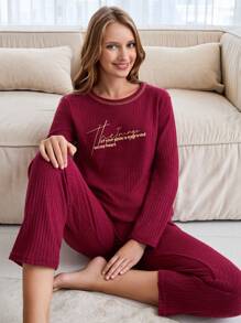 SHEIN Cottnline 100% Cotton 2Pcs  Contrast Colour Slogan Printed Lounge Set - Red - View 6