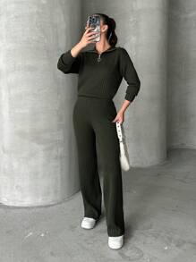 SHEIN Cottnline Casual Rib Knit Soft Touch Mock Golden Half Zipper Neck Sweater & Wide Leg Rib Knit Sweater Pants 2 Piece Set - Army Green - View 4