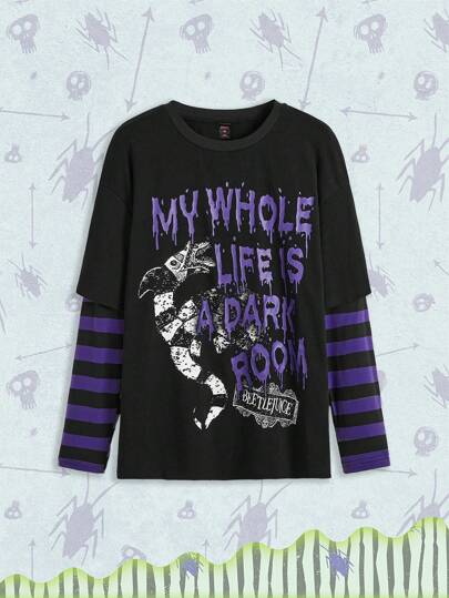 Beetlejuice | ROMWE Camiseta suelta 2 en 1 de mujer con estampado de bloque de color, rayas, serpiente de dibujos animados y eslogan de estilo grunge oscuro