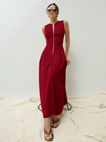 COSMINA 女士春秋休闲纯色无袖金色拉链腰部收褶长款古着风格优雅连衣裙 - 酒紅色 - 查看 1