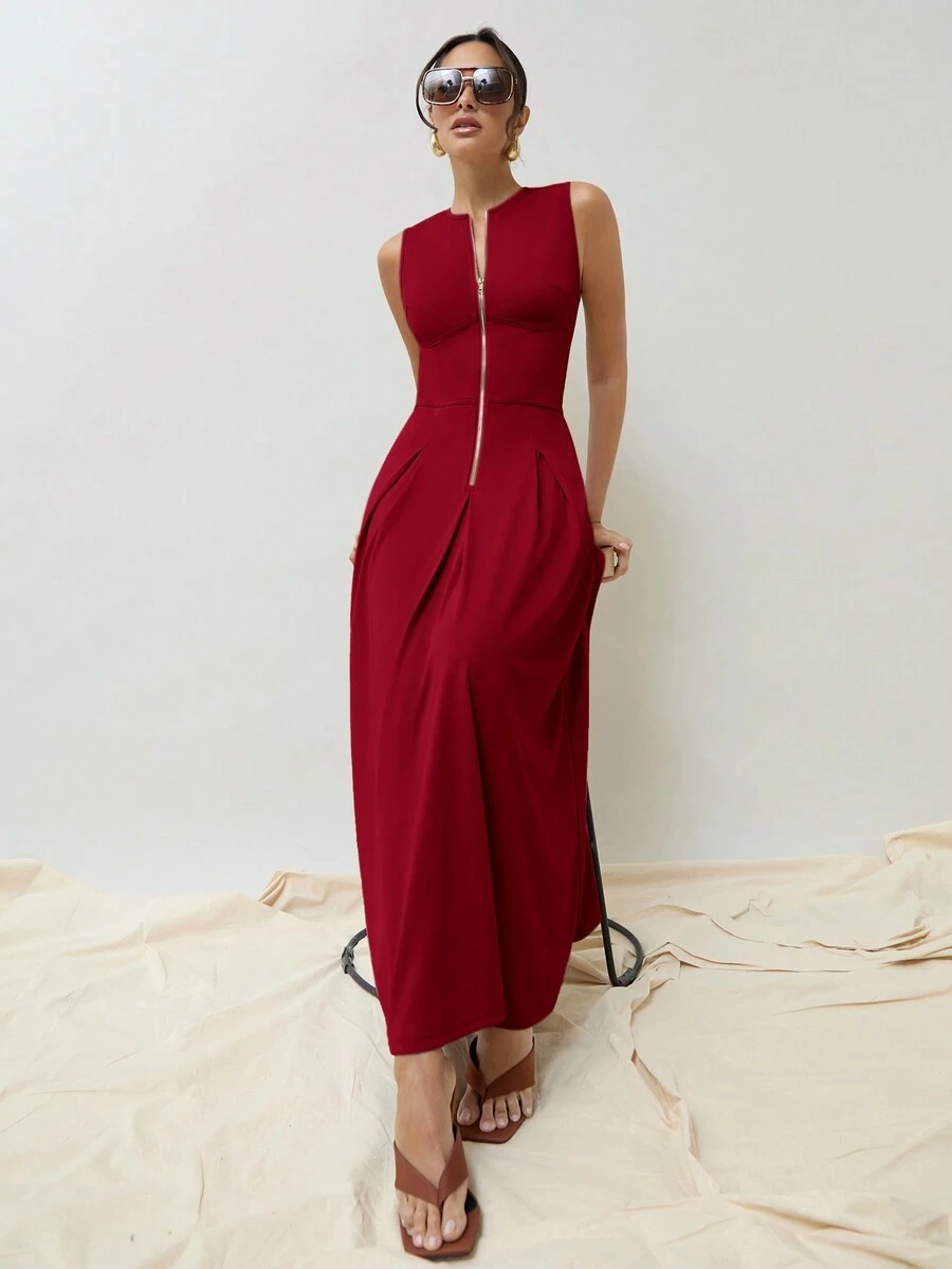 COSMINA 女士春秋休闲纯色无袖金色拉链腰部收褶长款古着风格优雅连衣裙 - 酒紅色 - 查看 1