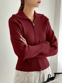 DAZY 女士纯色拉链开衫，秋冬，长袖上衣，秋季女装夹克 - 酒紅色 - View 5