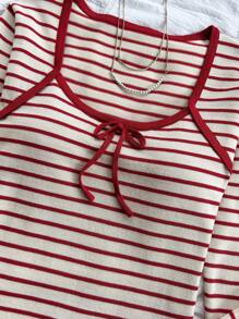 Soleia WYWH Women's Vacation Burgundy Striped Square Neck Flared Sleeve Knit Top With Bow Accent, Autumn Blouse