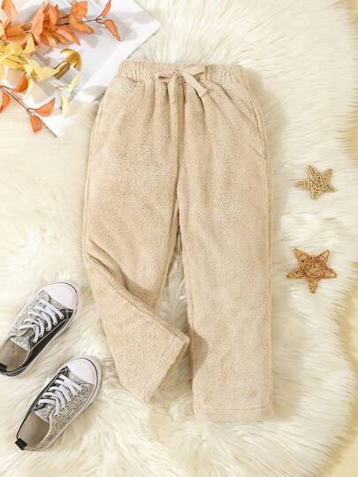 Toddler Girls Warm High Waist Fuzzy Elastic Waist Wide Leg Pants, Girls Fashion Versatile Warm Loose Long Pants, Suitable For Autumn And Winter Oversize Style