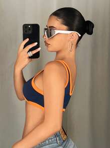 SHEIN ICON 撞色拼接宽肩带简约扭结背心，日常休闲 - 彩色 - 查看 4