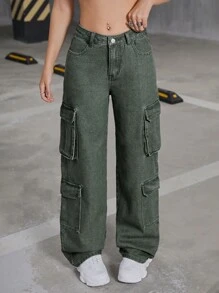 SHEIN Jeans rectos con bolsillo con solapa de cintura baja, moda Y2K para adolescentes, ropa de calle para volver al colegio - Verde militar - Ver 5
