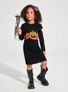 Young Girl Halloween Party Pattern Cold Shoulder Distressed Sweater Dress,Perfect For Autumn And Winter - Black - View 5