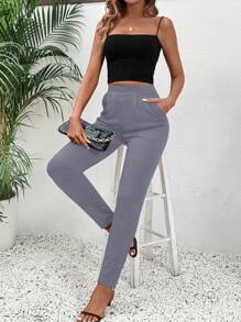 SHEIN LUNE Women Plain Simple Pocket Casual Pants