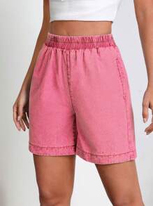 Casual Washed Denim Shorts, Summer - Pink - View 3