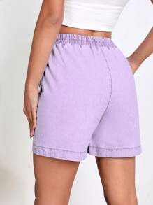 Summer Casual Washed Denim Shorts - Mauve Purple - View 2