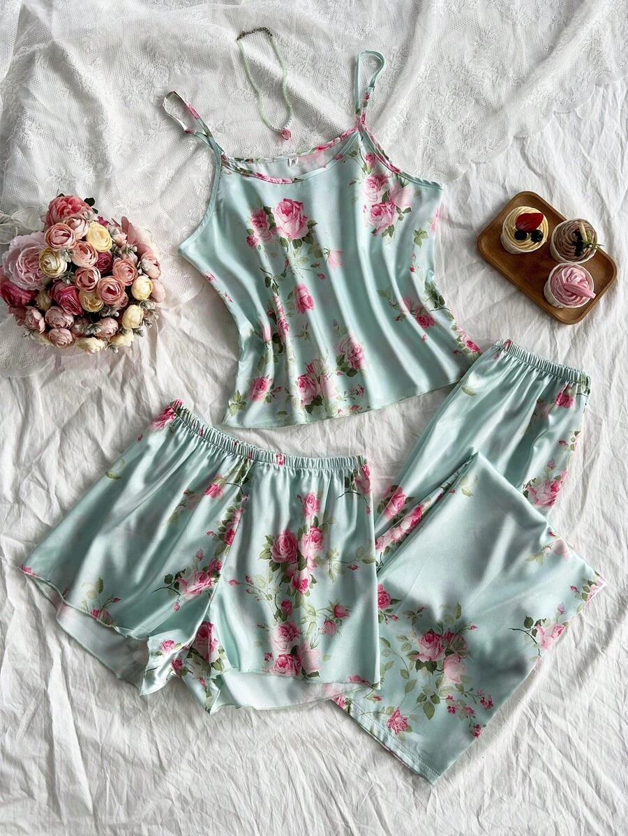 3 piezas/set Pijamas de mujer de popelina con estampado floral - Verde - Ver 1