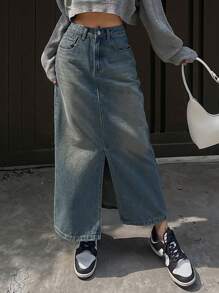 DAZY Women's Washed Faded Denim Skirt - Medium Wash - View 5