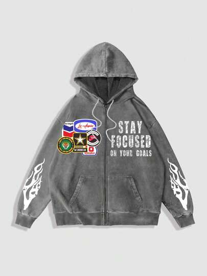 Street Life Letter & Flame Print Zip-Up Hooded Sweatshirt With Pockets