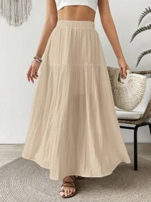 SHEIN VCAY Women's Solid Color Skirt, Casual Vacation Style - Khaki - View 4