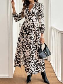 SHEIN Frenchy Women Animal Print Dress Slit Long Dress,Fall Clothes,Black & White  Long Sleeve Dress,Fall Women Dresses,Black Homecoming Dress,Elegant Women Dresses,Leopard Dress,Women Leopard Print Stand Collar Long Sleeve ,Winter Women Clothes , Party Women Dresses ,Long Fall Black & White Dress Casual - Multicolor - View 6
