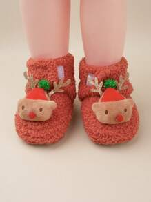 1 Pair Girls Cartoon Deer Pattern Hook And Loop Flat Casual Warm Boots, Orange, Suitable For Winter (Pattern May Vary)