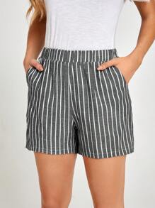 SHEIN LUNE 女士松紧腰条纹宽松休闲短裤 - 灰色 - 查看 6