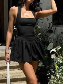 INAWLY 女士夏季性感露背吊带短款黑色连衣裙 - 黑色 - 查看 5