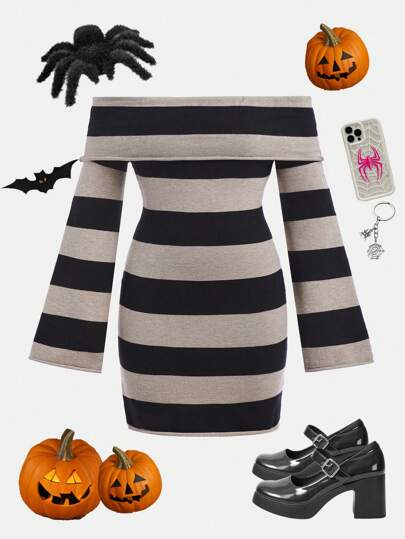SHEIN Teen Girls Black & Gray Striped Off Shoulder Flare Sleeve Knit Sweater Dress For Halloween