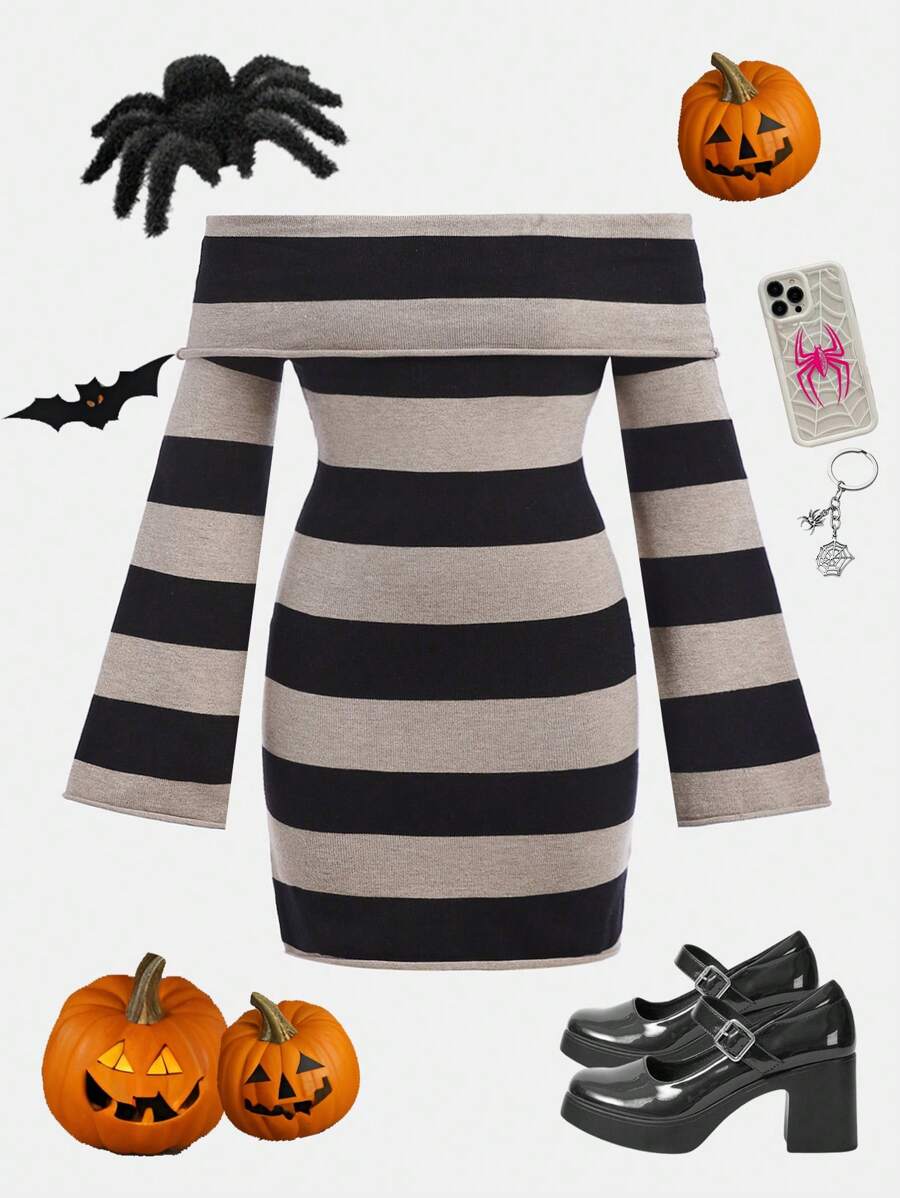 SHEIN Teen Girls Black & Gray Striped Off Shoulder Flare Sleeve Knit Sweater Dress For Halloween - Multicolor - View 1
