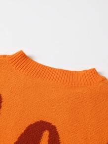 Tween Girl Line 印花圆领长袖毛衣和针织 A 字裙休闲套装，秋冬装 - 橘色 - 查看 3