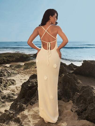 Opulessa Vestido blanco para mujer de unicolor, de punto, con escote en V profundo, elegante y con la espalda al descubierto, con flores hechas a medida. Adecuado para vacaciones, uso diario, citas, fiestas sexy, bailes y cenas. Atuendo de otoño e invierno.