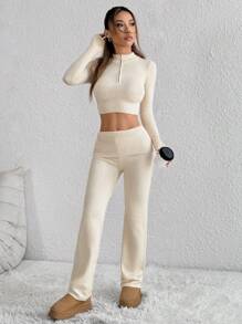 Flirla 2pcs/Set Slim Fit Half-Zip Casual Sweater & Knit Shorts , 2 Pieces , Beige Outfit Women Fall Cloth For Women