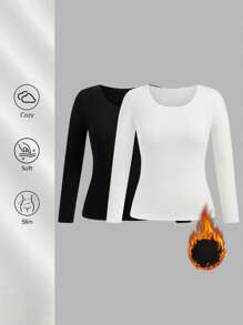 SHEIN Unity 大码女式纯色简约圆领长袖 T 恤 - 黑與白 - 查看 1