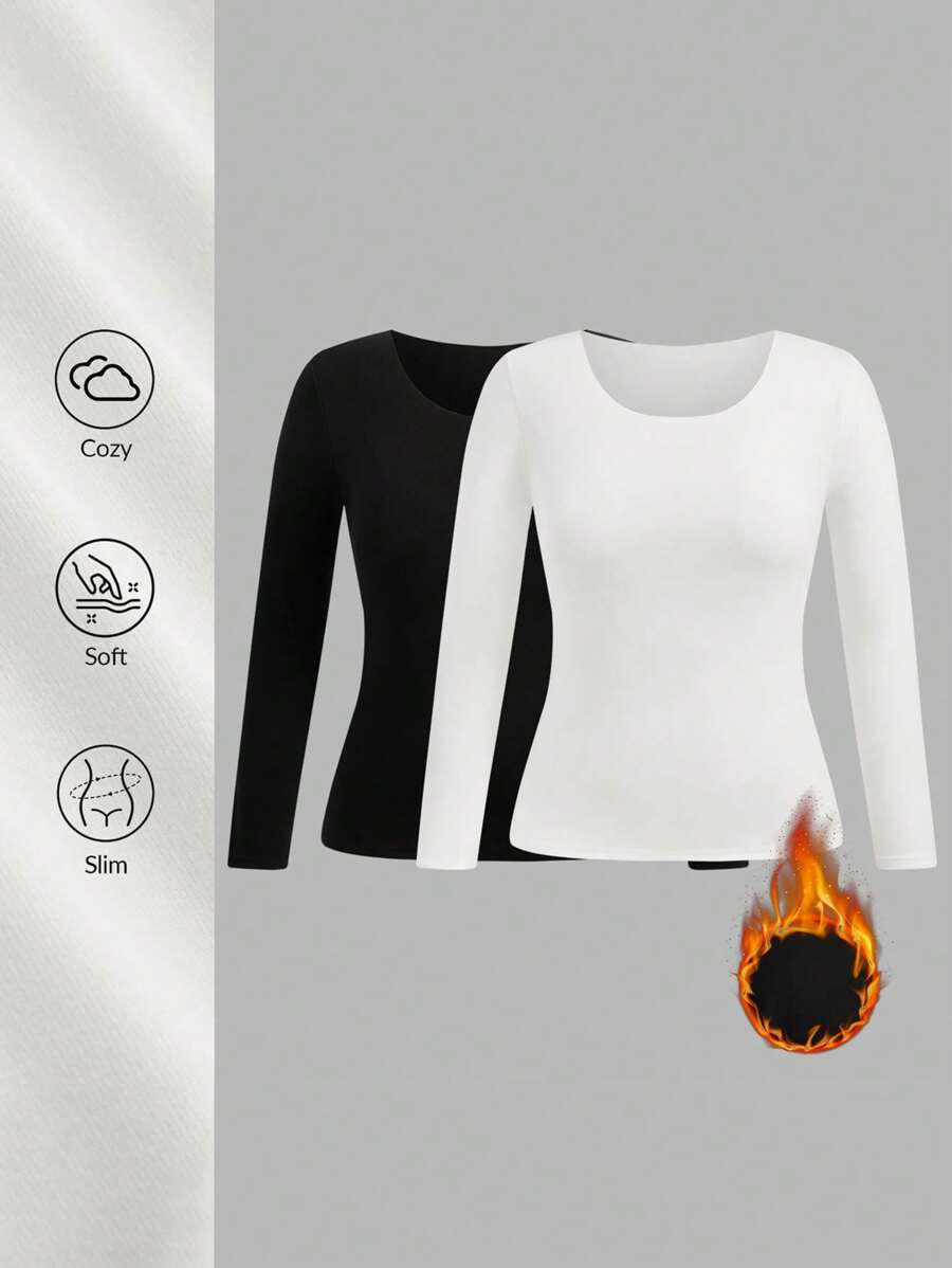 SHEIN Unity 大码女式纯色简约圆领长袖 T 恤 - 黑與白 - 查看 1