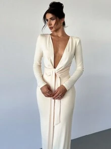 Firerie 女士春秋深 V 领纯色修身连衣裙 - 杏色 - 查看 4