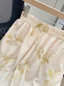 SHEIN Unity Plus Size Elegant Gold Foil Printed Pleated Skirt, Spring/Summer - Apricot - View 3