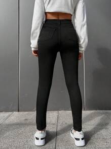 RueChic Solid Slant Pocket Skinny Pants - Black - View 2