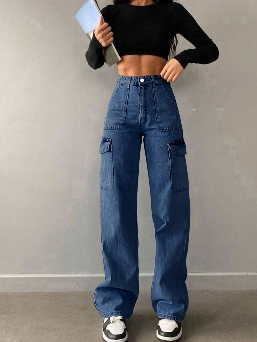 女士休闲百搭中腰直筒牛仔裤 - 深色水洗藍 - 查看 1